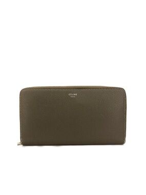 Authentic CELINE Logo Grey x Yellow Leather White Stitch Zip Around Long Wallet